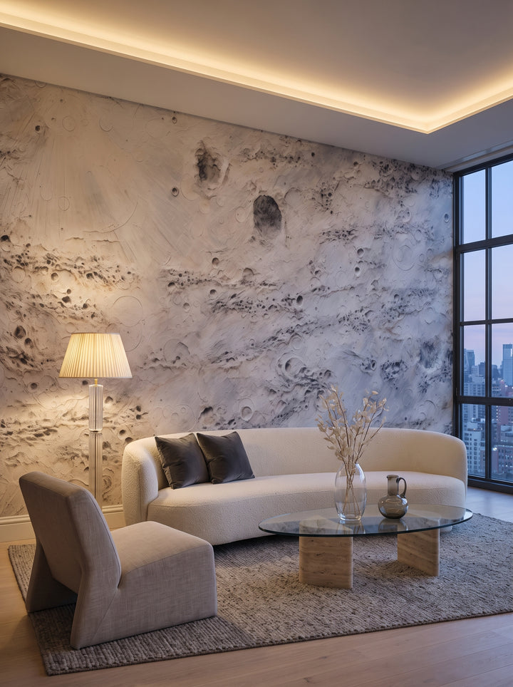 Fototapeta artystyczna o nazwie Lunar Terrain w aranżacji wnętrza: salon w penthousie na Manhattanie o zmierzchu.