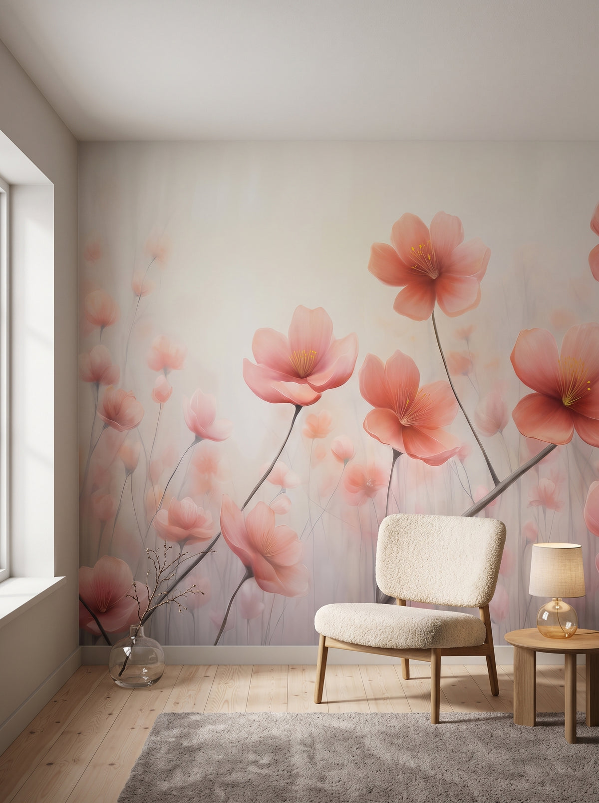 Fototapeta artystyczna o nazwie Blossom Haze #2 w aranżacji wnętrza: kącik do czytania w skandynawskiej willi.