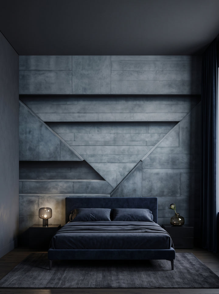 Fototapeta artystyczna o nazwie Concrete Dimension w aranżacji wnętrza: ciemna sypialnia w hotelu designerskim.