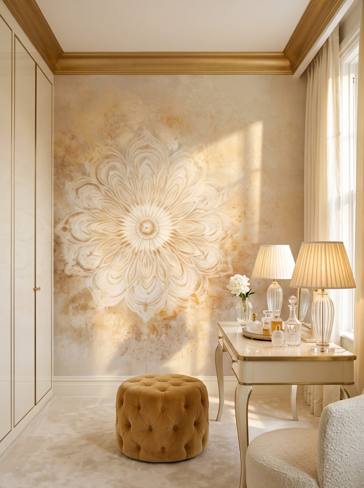 Fototapeta artystyczna o nazwie Serene Flora w aranżacji wnętrza: garderoba w stylu Hollywood Regency.