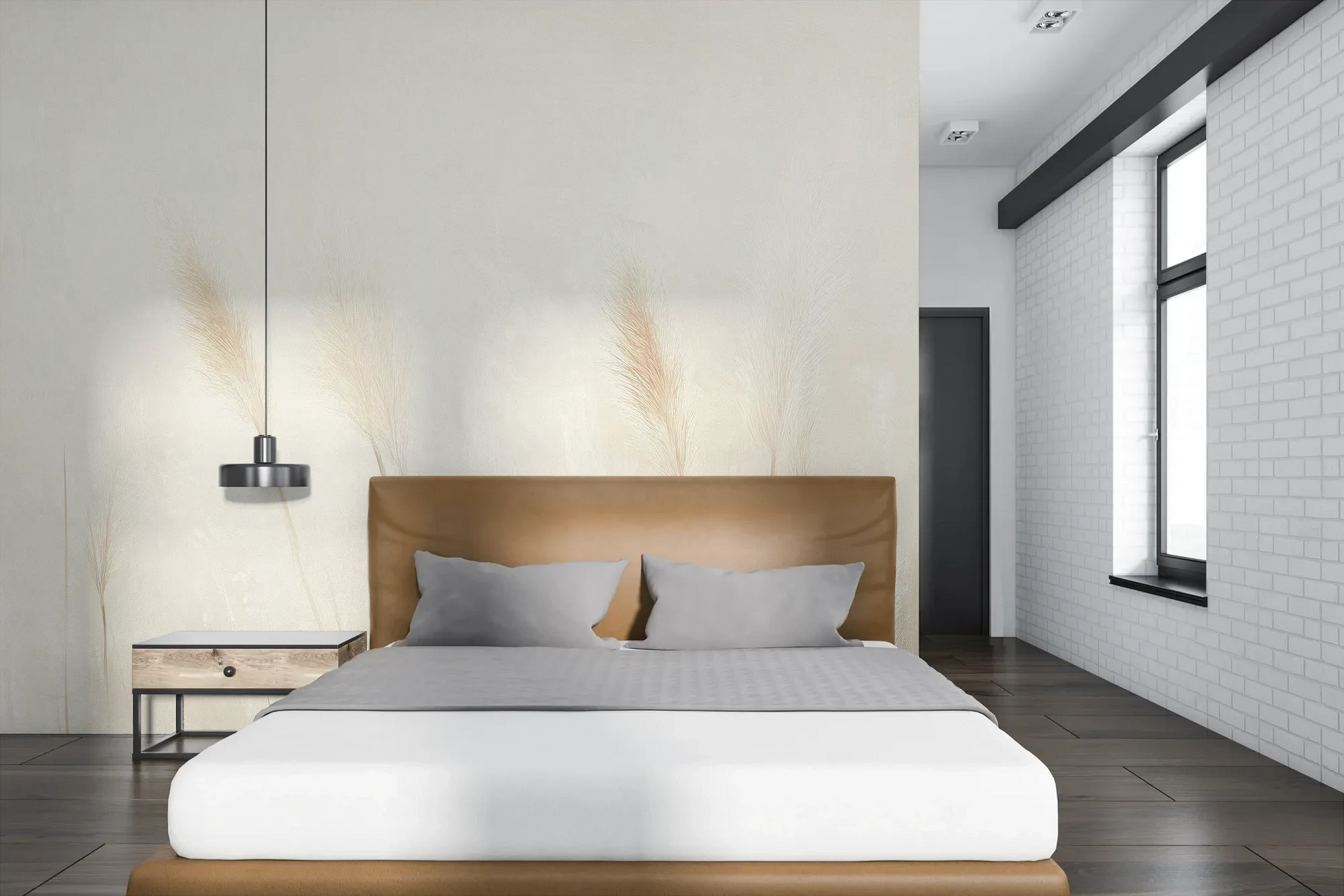 Wzór fototapety IVORY SERENITY - tapeta z delikatnymi trawami na beżowym tle pokazanej w aranżacji sypialni.