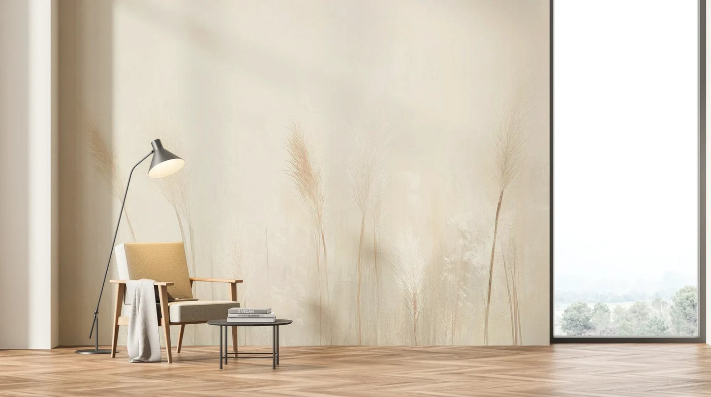 Wzór fototapety IVORY SERENITY - tapeta z delikatnymi trawami na beżowym tle pokazanej w aranżacji salonu.