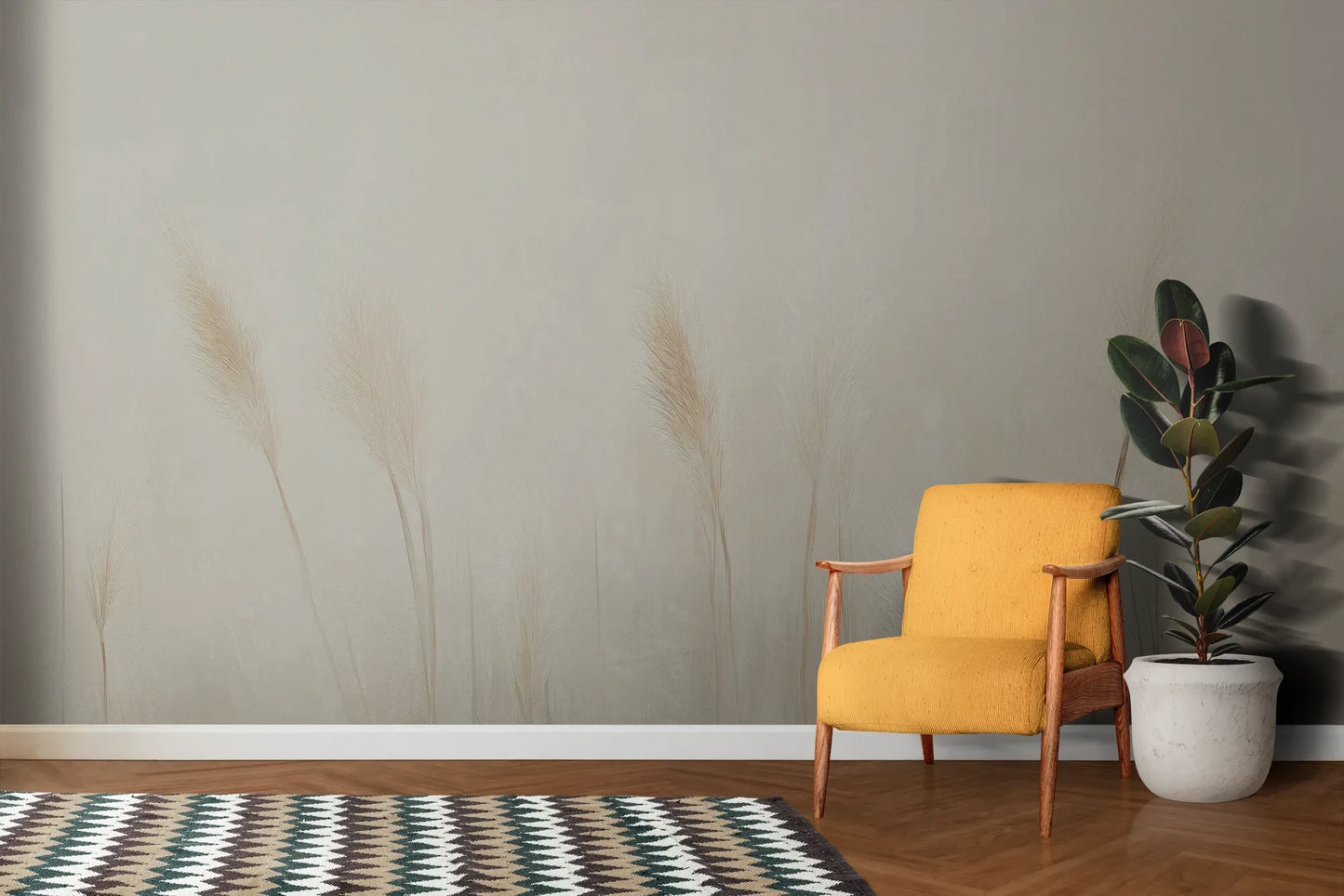 Wzór fototapety IVORY SERENITY - tapeta z delikatnymi trawami na beżowym tle pokazanej w aranżacji salonu.