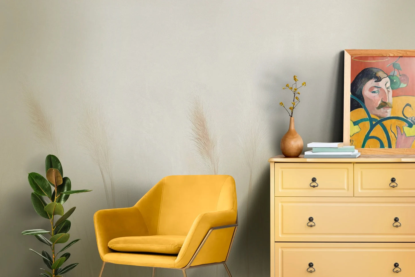 Wzór fototapety IVORY SERENITY - tapeta z delikatnymi trawami na beżowym tle pokazanej w aranżacji salonu.