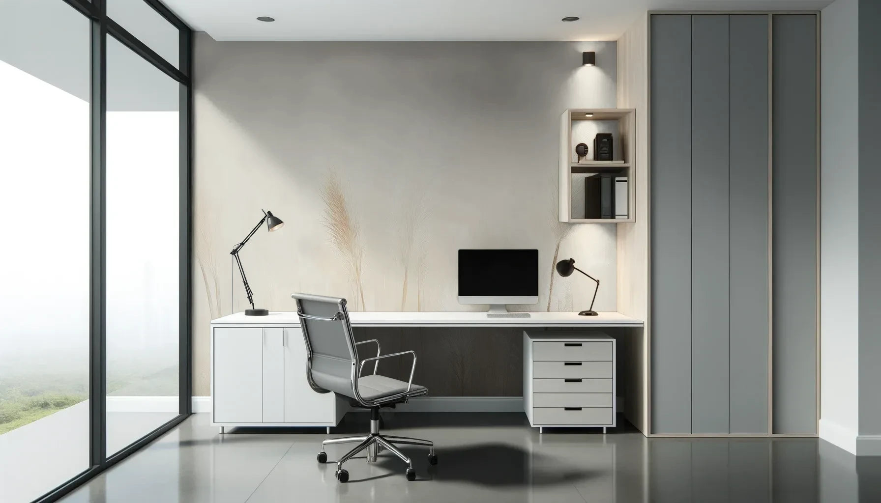 Fototapeta IVORY SERENITY - tapeta z delikatnymi trawami na beżowym tle pokazana w aranżacji biura.