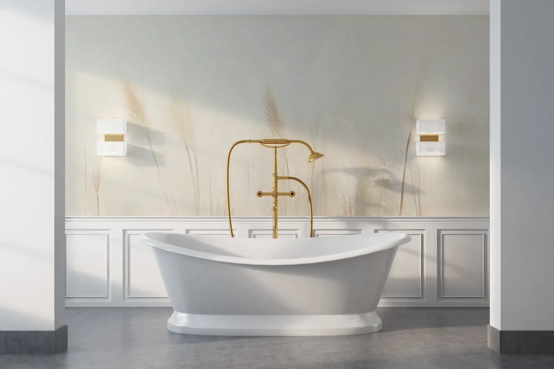 Wzór fototapety IVORY SERENITY - tapeta z delikatnymi trawami na beżowym tle pokazanej w aranżacji łazienki.