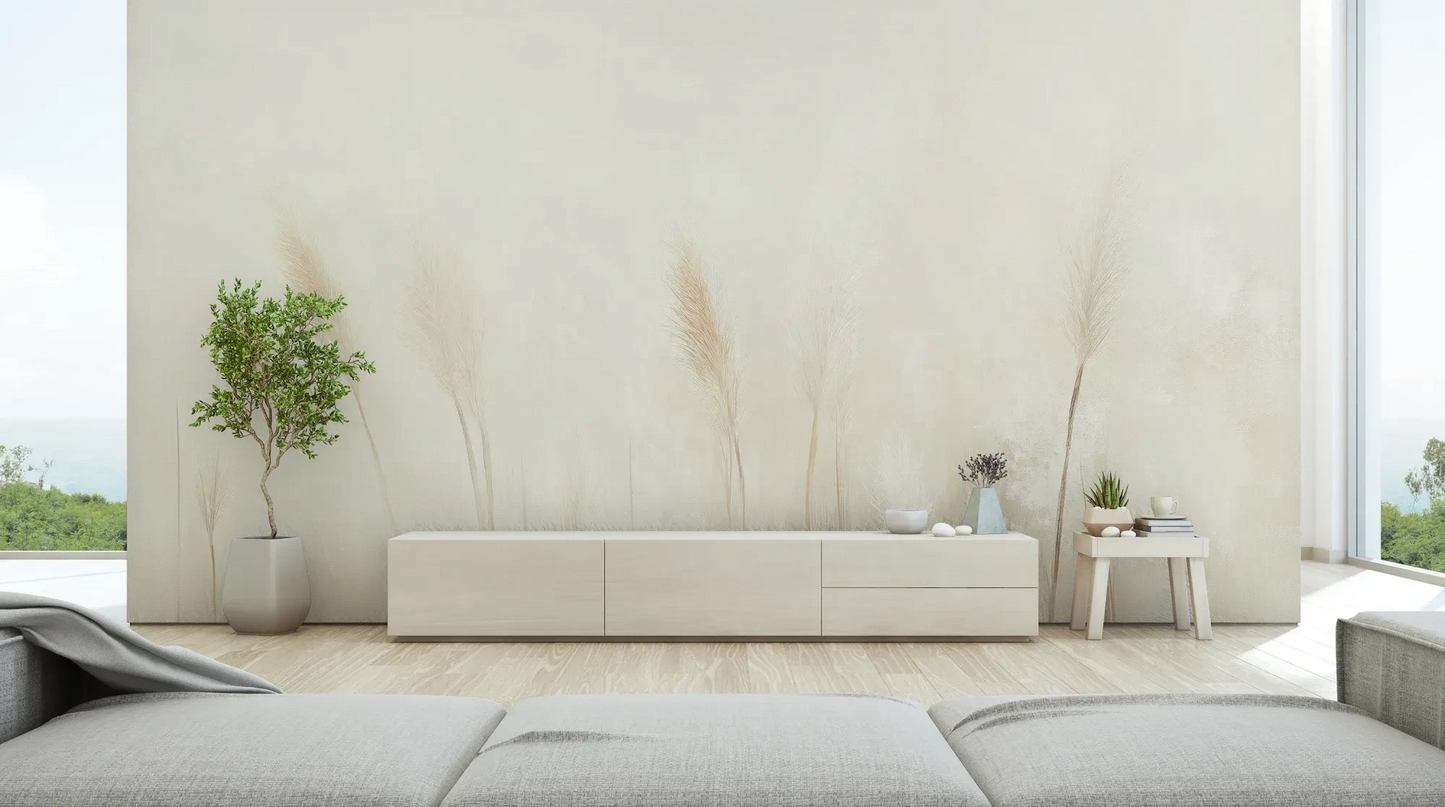 Wzór fototapety IVORY SERENITY - tapeta z delikatnymi trawami na beżowym tle pokazanej w aranżacji salonu.