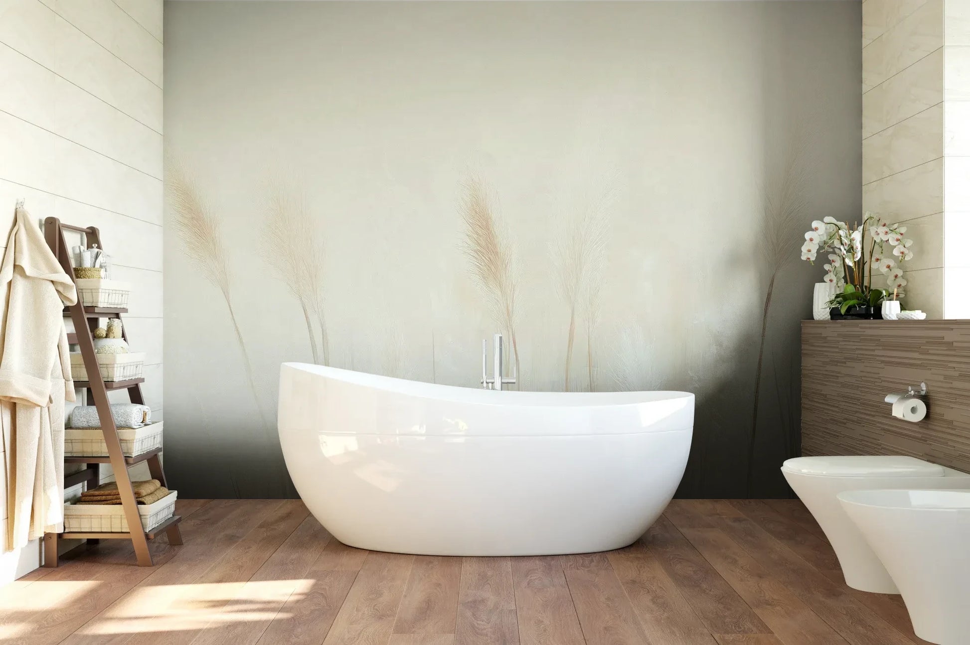 Wzór fototapety IVORY SERENITY - tapeta z delikatnymi trawami na beżowym tle pokazanej w aranżacji łazienki.