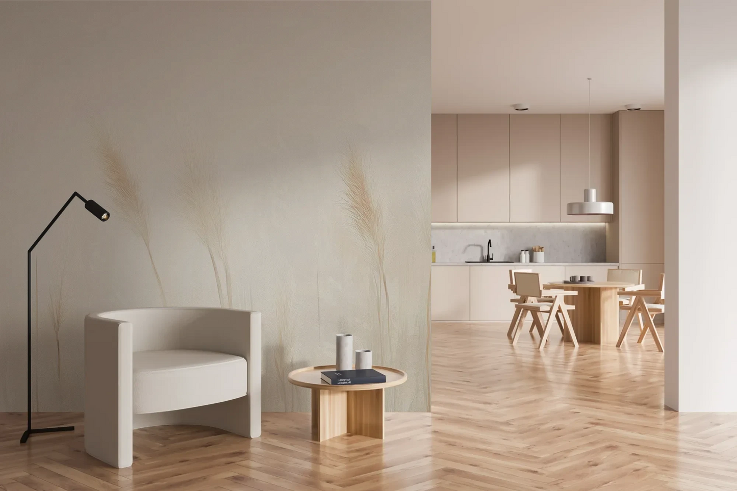 Wzór fototapety IVORY SERENITY - tapeta z delikatnymi trawami na beżowym tle pokazanej w aranżacji kuchni.
