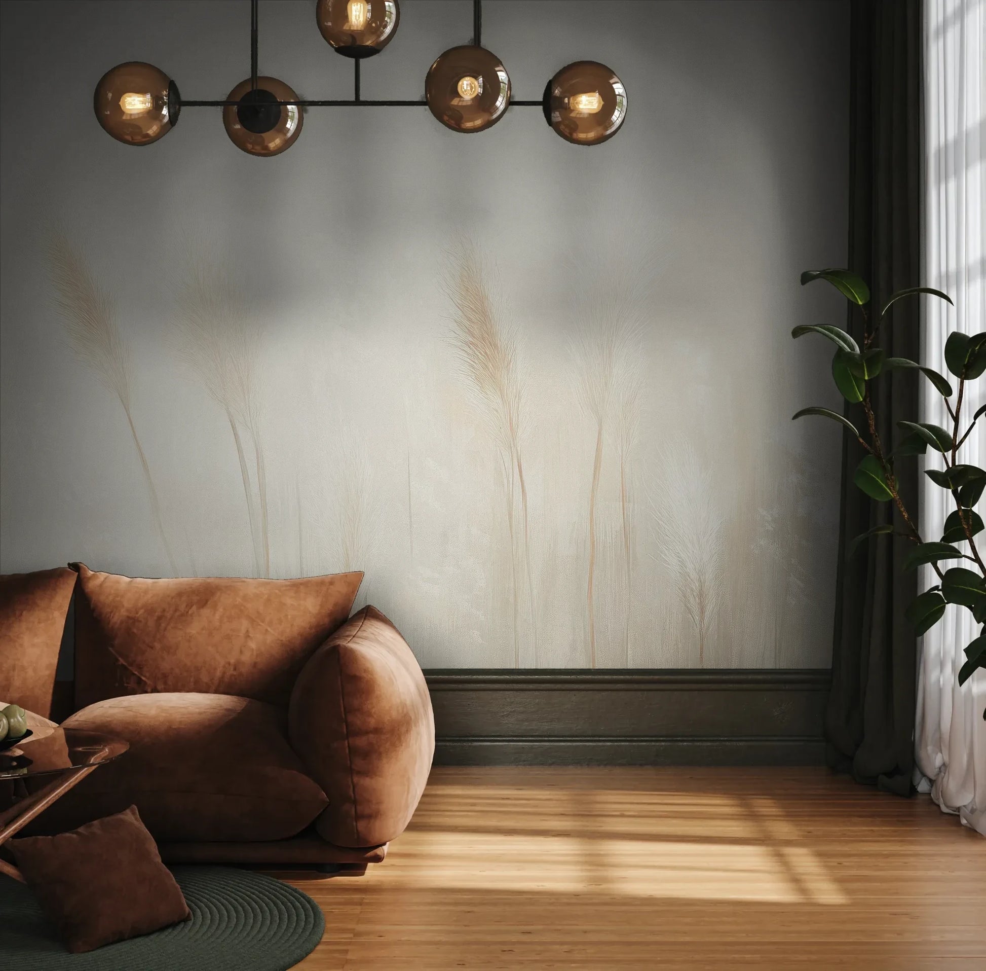 Fototapeta IVORY SERENITY - tapeta z delikatnymi trawami na beżowym tle pokazana w aranżacji wnętrza z akcentem na ścianie.