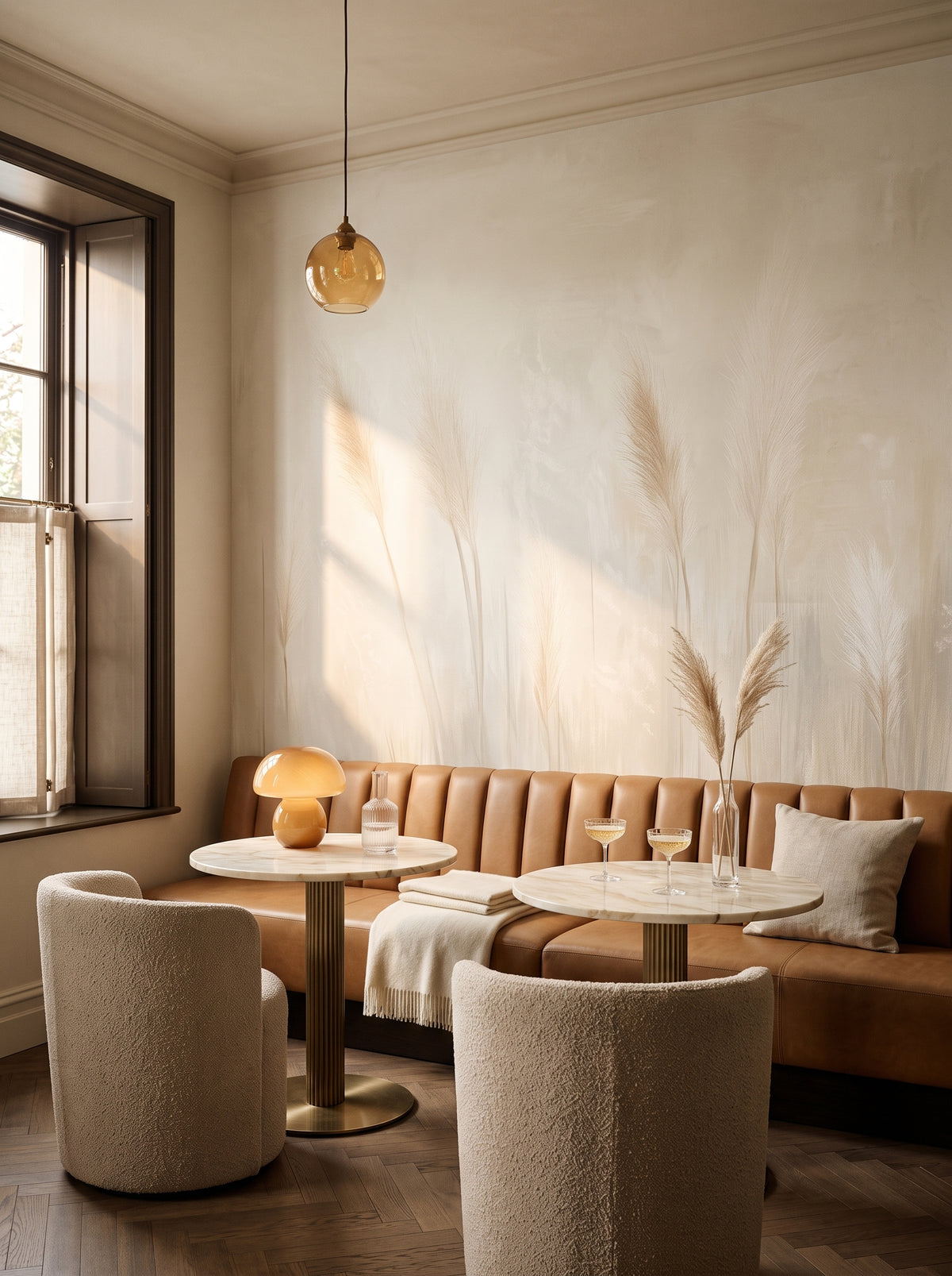 Künstlerische Fototapete „IVORY SERENITY“ im Interieur: Lounge-Bar in einem Boutique-Hotel.