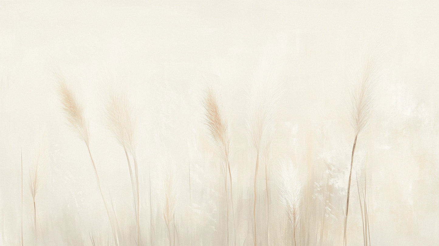 Prezentacja całego wzoru fototapety o nazwie IVORY SERENITY - tapeta z delikatnymi trawami na beżowym tle
