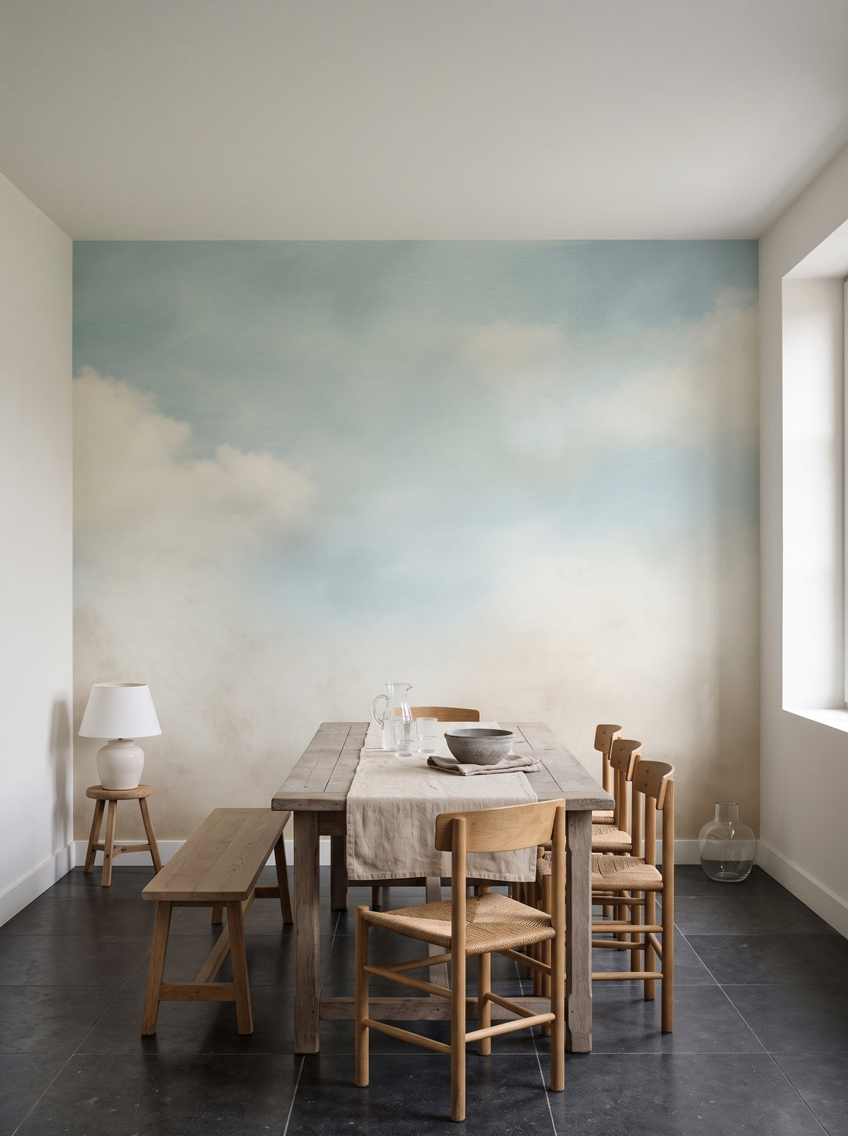 Fototapeta artystyczna o nazwie SERENE SKYLINE CANVAS w aranżacji wnętrza: kuchnia z jadalnią w belgijskim domu na wsi.