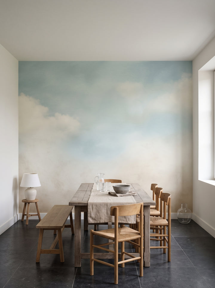 Fototapeta artystyczna o nazwie SERENE SKYLINE CANVAS w aranżacji wnętrza: kuchnia z jadalnią w belgijskim domu na wsi.