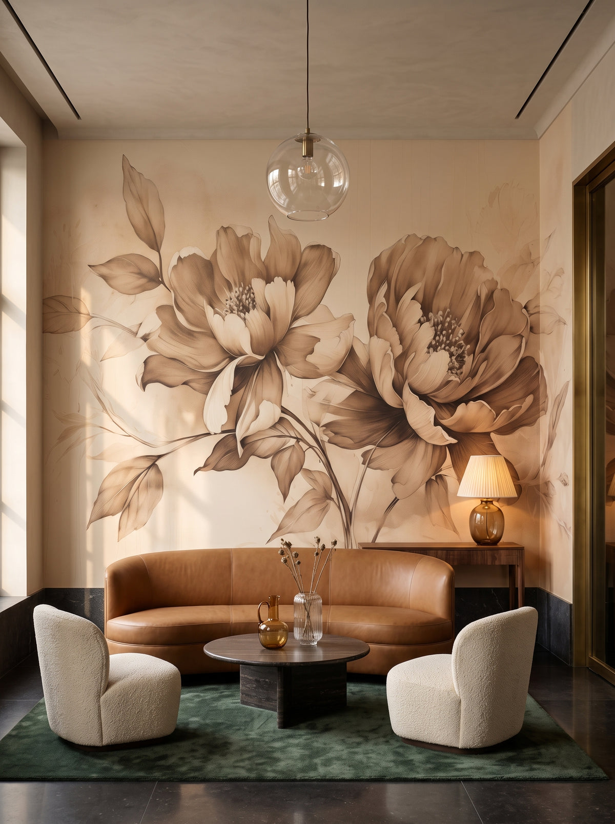 Fototapeta artystyczna o nazwie Vintage Rose Sketch w aranżacji wnętrza: lobby lounge butikowego hotelu designerskiego.