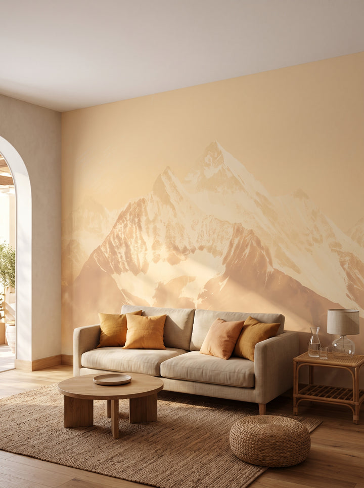 Fototapeta artystyczna o nazwie Golden Summit w aranżacji wnętrza: salon w stylu boho z łukowym wyjściem na taras.