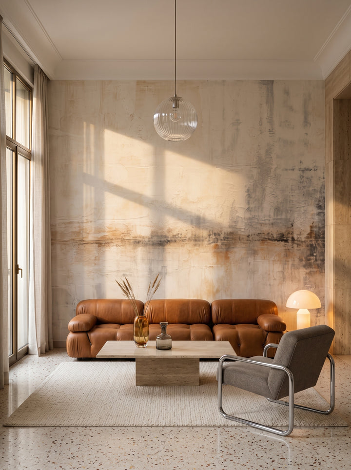 Fototapeta artystyczna o nazwie Rustic Canvas w aranżacji wnętrza: salon w mediolańskim apartamencie z lat 70..