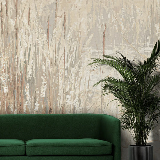 Fototapeta FROSTED CANVAS - tapeta z delikatną abstrakcją traw pokazana w aranżacji wnętrza z akcentem na ścianie.