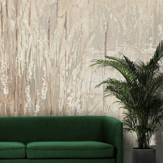 Fototapeta FROSTED CANVAS - tapeta z delikatną abstrakcją traw pokazana w aranżacji wnętrza z akcentem na ścianie.