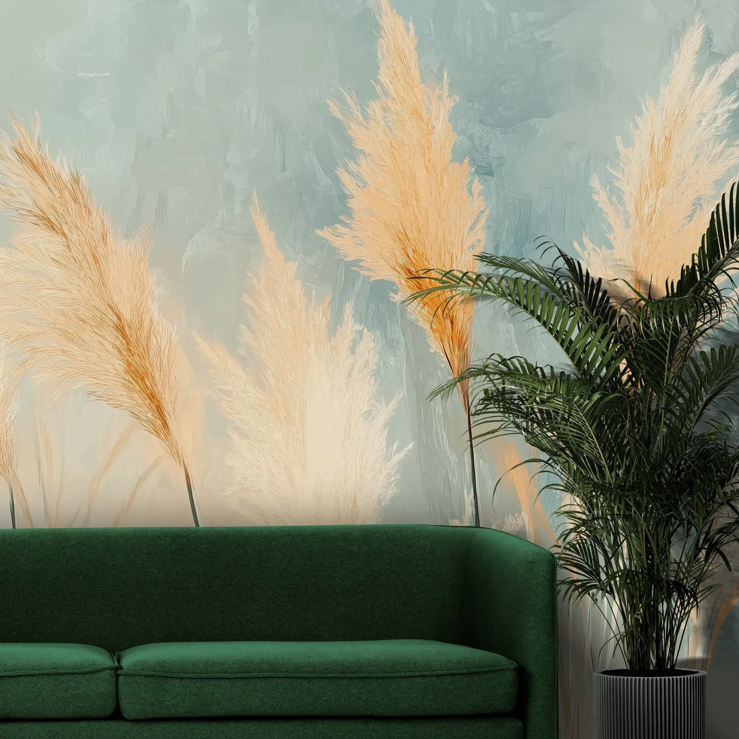 Fototapeta DESERT PLUMES - tapeta z delikatnymi trzcinami w pastelowych odcieniach pokazana w aranżacji wnętrza z akcentem na ścianie.