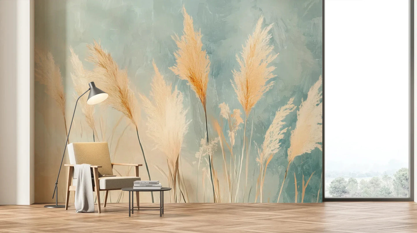 Wzór fototapety DESERT PLUMES - tapeta z delikatnymi trzcinami w pastelowych odcieniach pokazanej w aranżacji salonu.