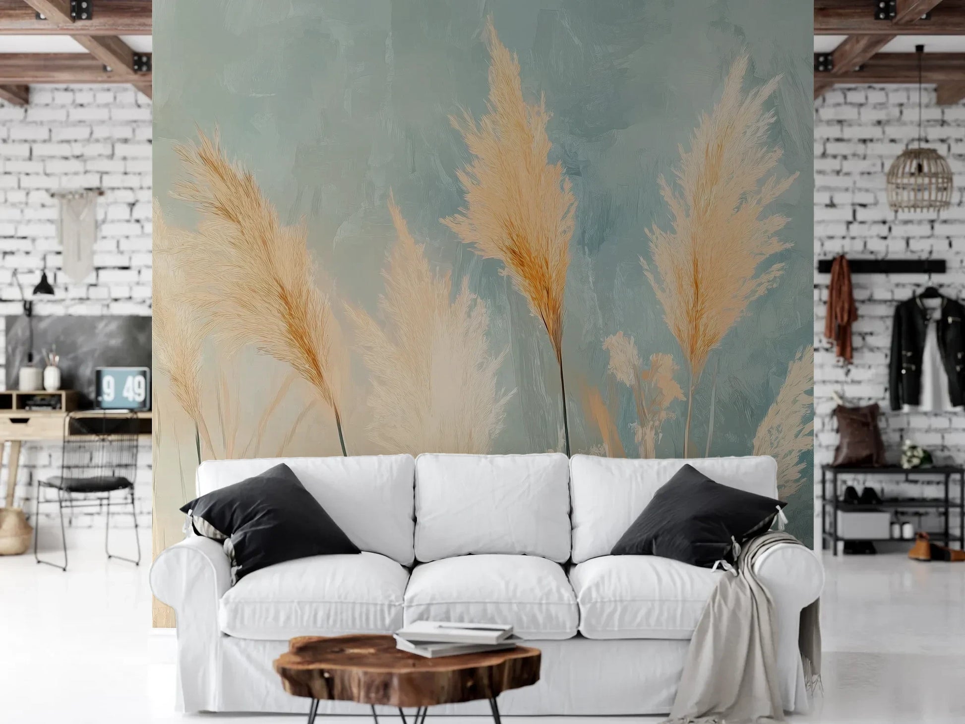 Wzór fototapety DESERT PLUMES - tapeta z delikatnymi trzcinami w pastelowych odcieniach pokazanej w aranżacji salonu.