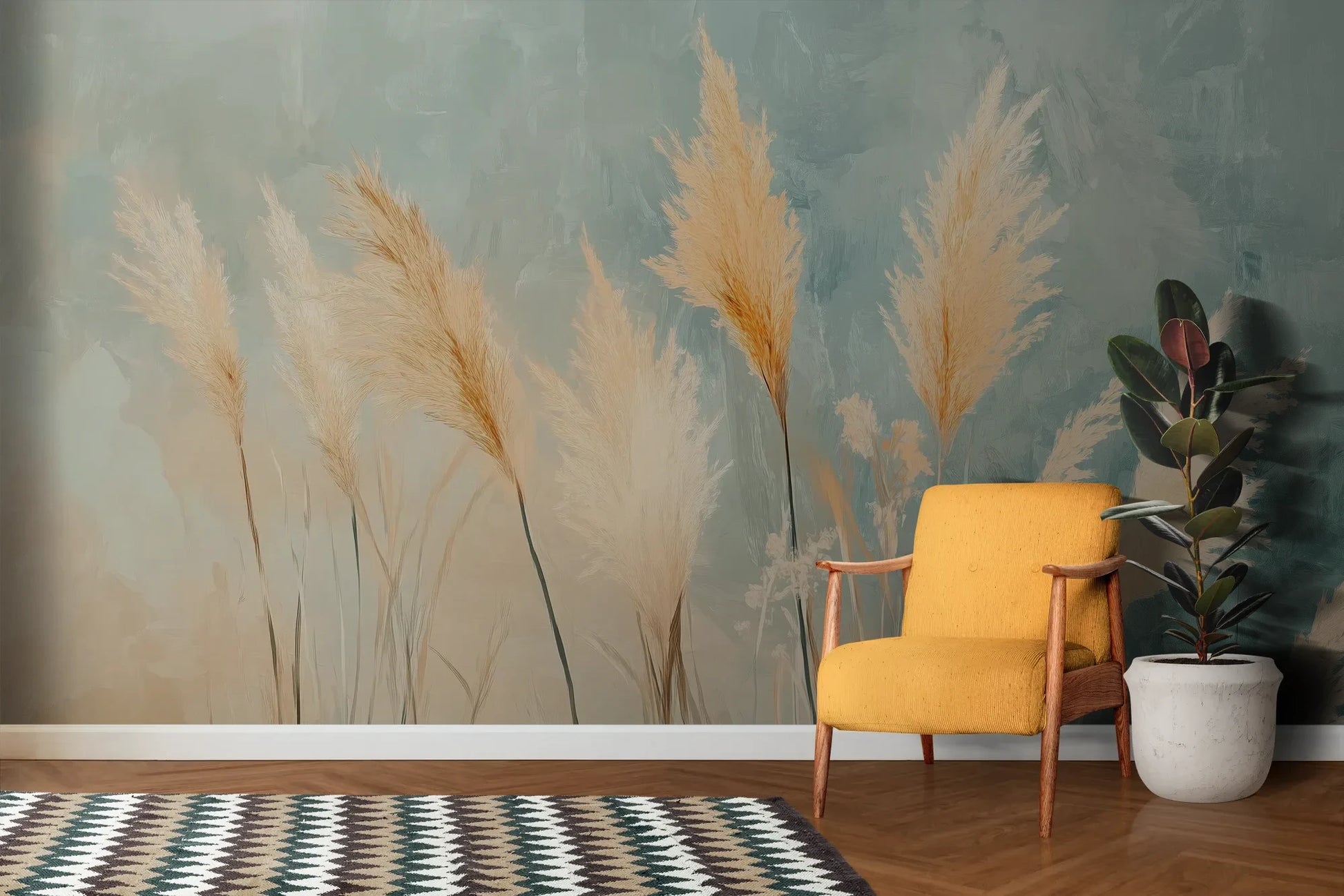 Wzór fototapety DESERT PLUMES - tapeta z delikatnymi trzcinami w pastelowych odcieniach pokazanej w aranżacji salonu.