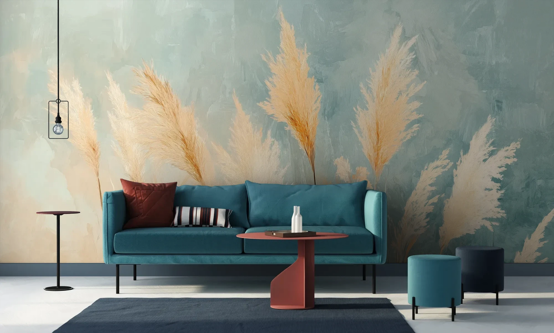 Wzór fototapety DESERT PLUMES - tapeta z delikatnymi trzcinami w pastelowych odcieniach pokazanej w aranżacji salonu.