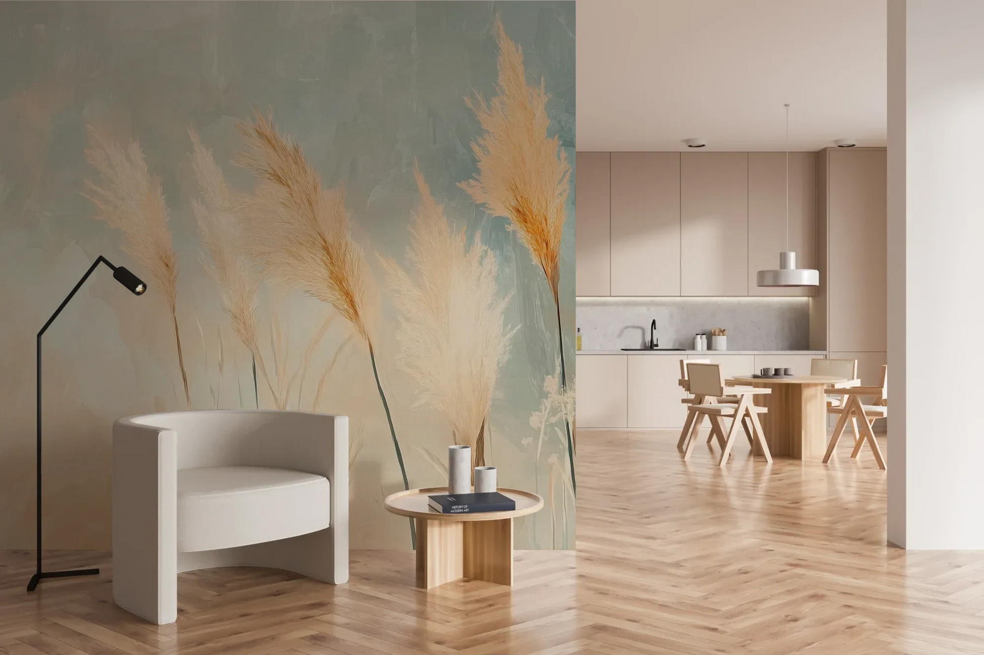 Wzór fototapety DESERT PLUMES - tapeta z delikatnymi trzcinami w pastelowych odcieniach pokazanej w aranżacji kuchni.