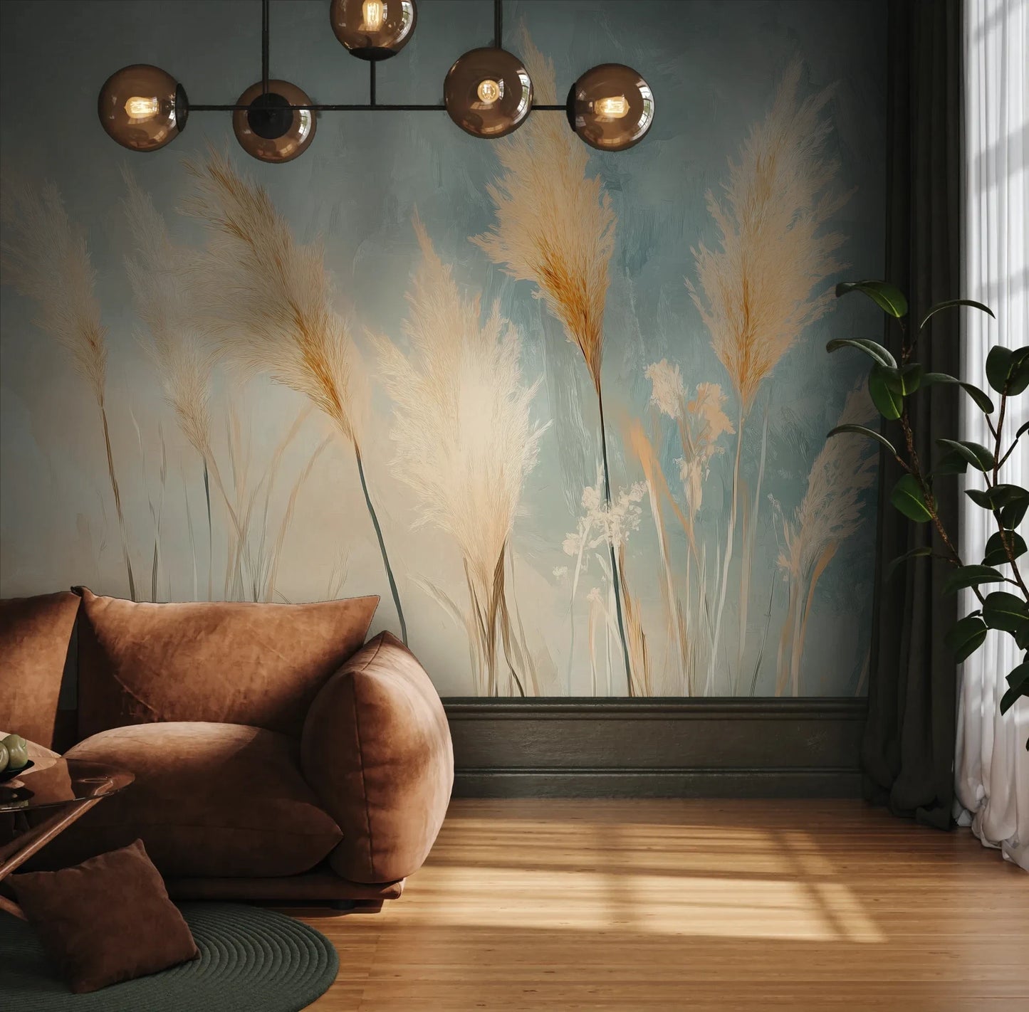 Fototapeta DESERT PLUMES - tapeta z delikatnymi trzcinami w pastelowych odcieniach pokazana w aranżacji wnętrza z akcentem na ścianie.