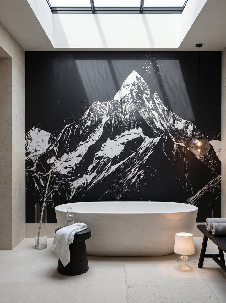 Fototapeta artystyczna o nazwie Monochrome Mountains w aranżacji wnętrza: łazienka spa w luksusowej rezydencji górskiej.