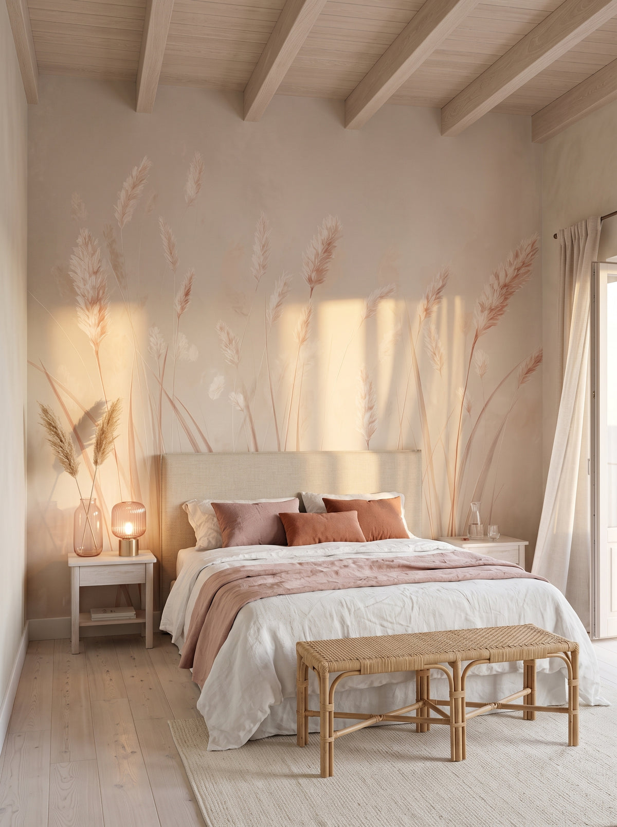 Carta da parati artistica «BLUSH POETRY» in un interno: camera da letto in una residenza sul mare.