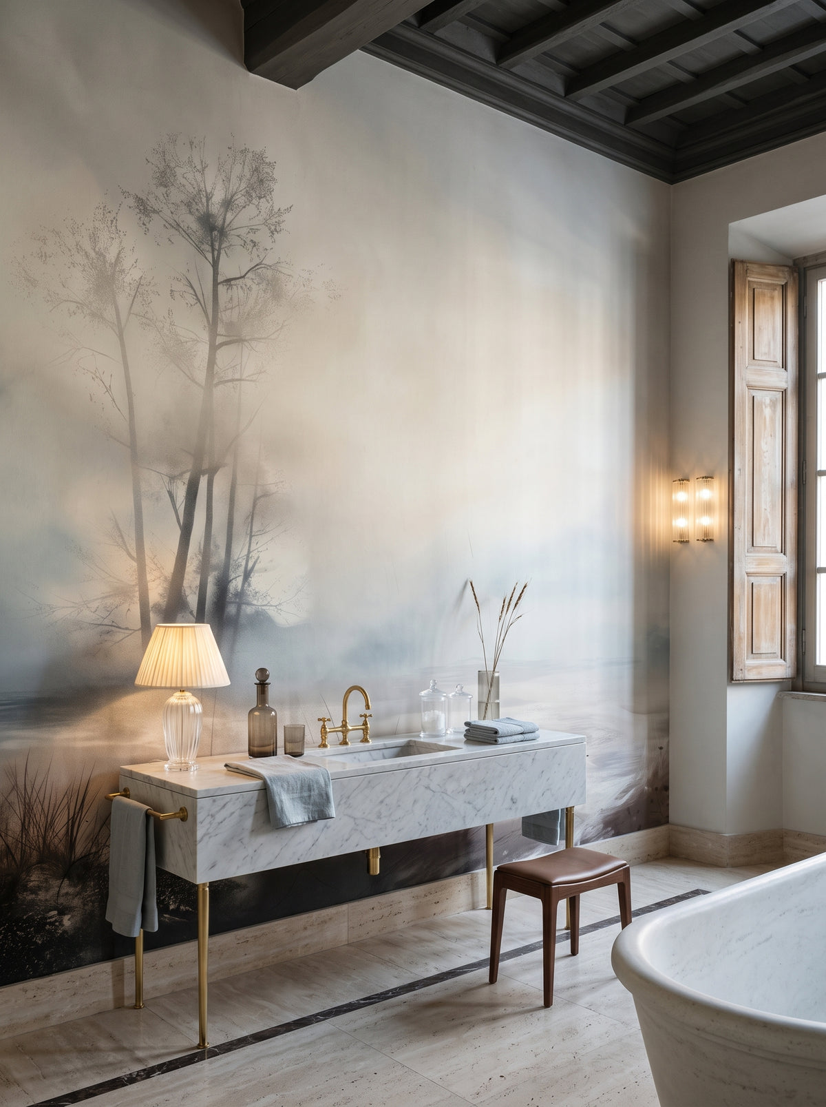 Fotomural artístico «Mgiełka nad Trzciną» en un interior: baño en un palazzo romano.