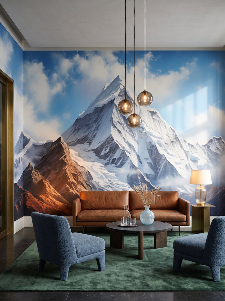 Fototapeta artystyczna o nazwie Misty Peaks w aranżacji wnętrza: lobby lounge w butikowym hotelu designerskim.