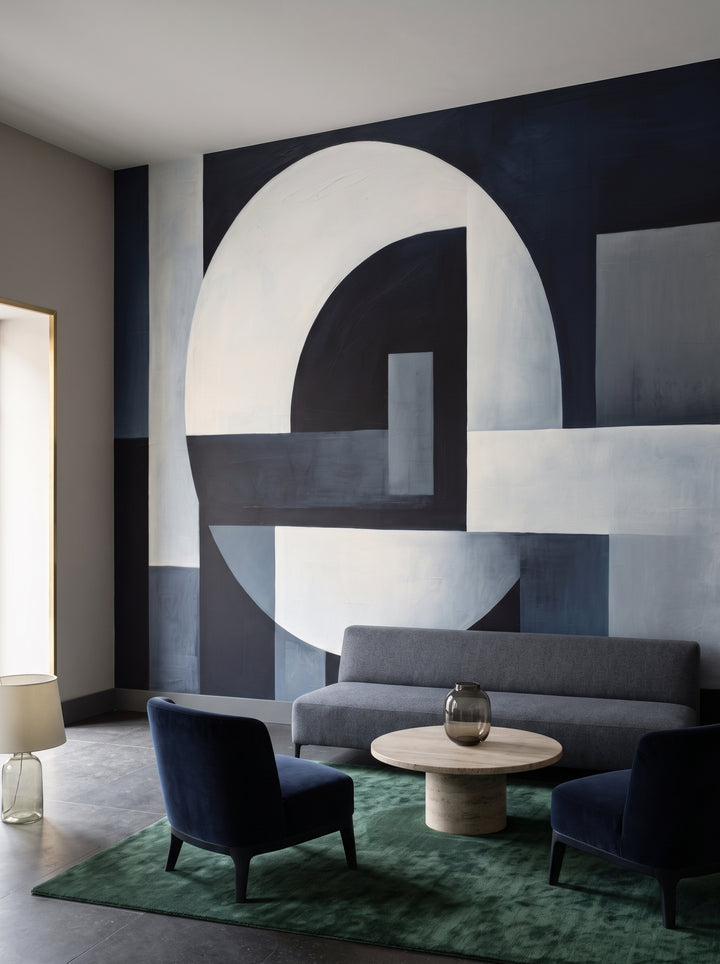 Fototapeta artystyczna o nazwie Geometric Interplay w aranżacji wnętrza: lobby w hotelu designerskim.