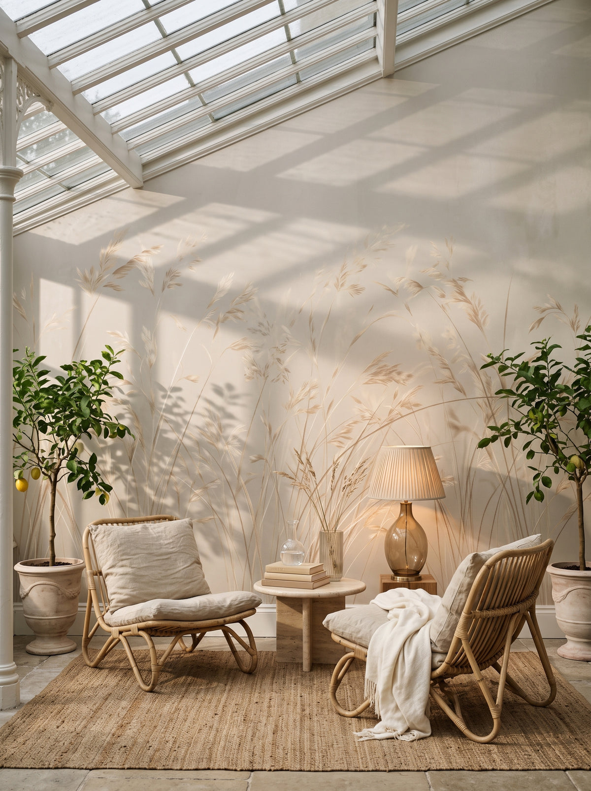 Carta da parati artistica «PLATINUM BREEZE» in un interno: sala di lettura in una serra di ghisa e vetro.