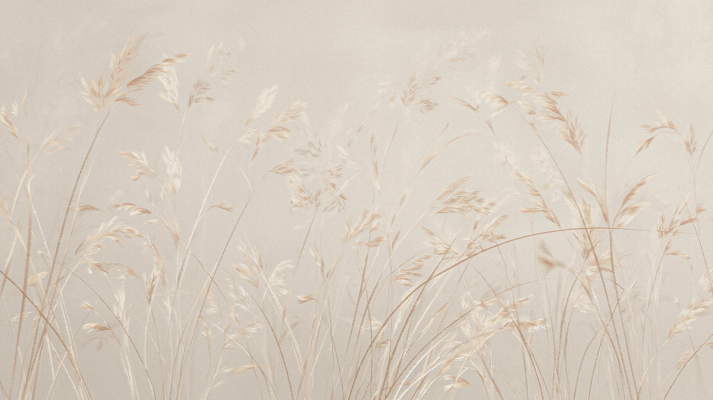 Prezentacja całego wzoru fototapety o nazwie PLATINUM BREEZE - tapeta z delikatnymi źdźbłami traw w jasnych beżach