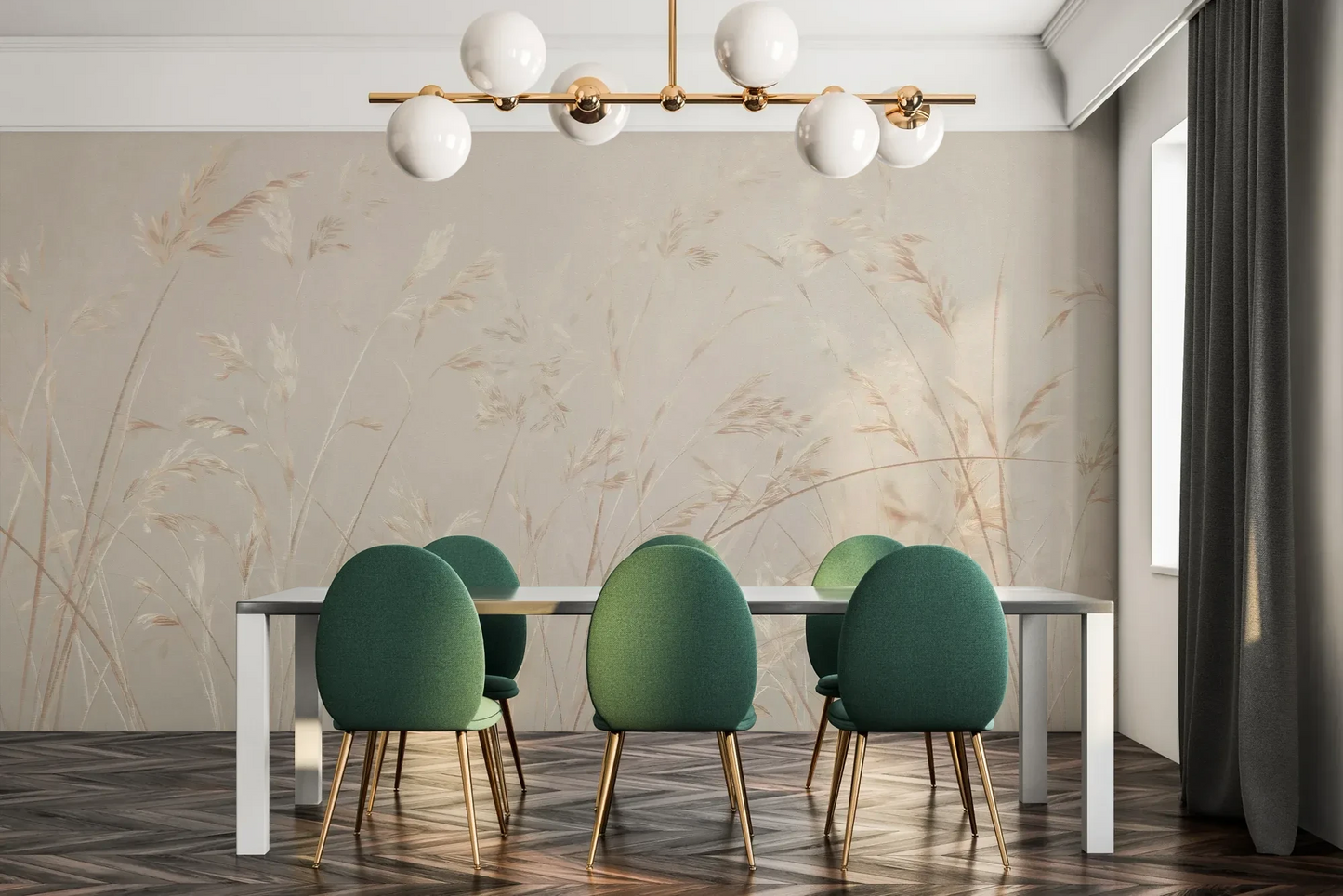 Fototapeta PLATINUM BREEZE - tapeta z delikatnymi źdźbłami traw w jasnych beżach pokazana w aranżacji jadalni.