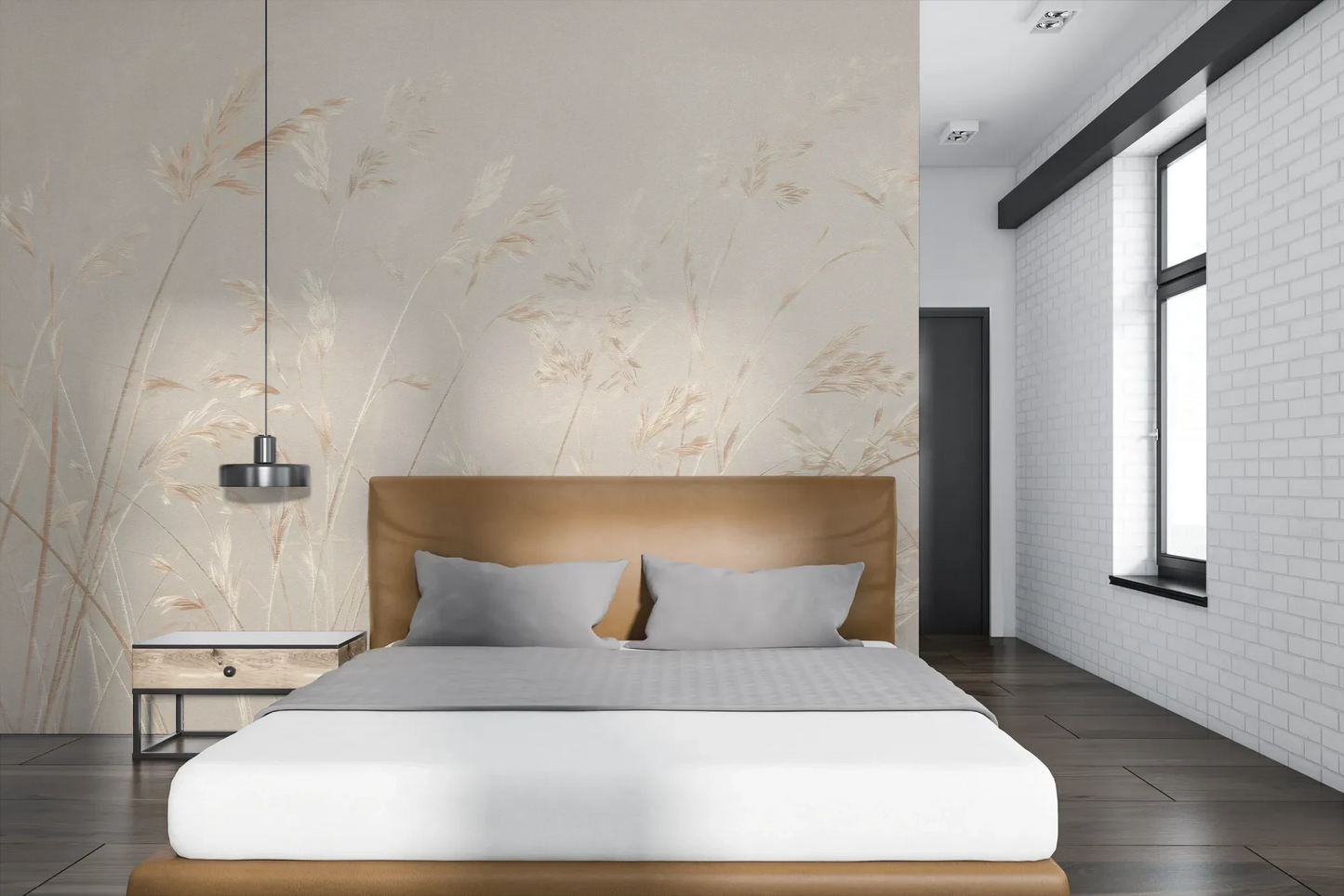 Wzór fototapety PLATINUM BREEZE - tapeta z delikatnymi źdźbłami traw w jasnych beżach pokazanej w aranżacji sypialni.