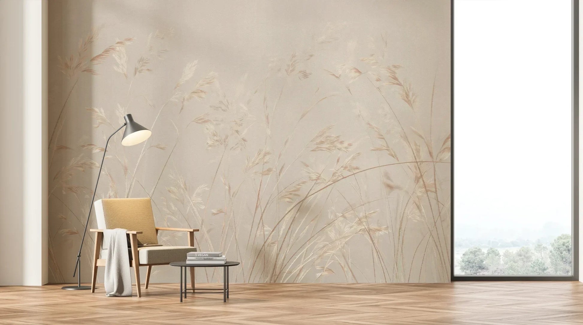 Wzór fototapety PLATINUM BREEZE - tapeta z delikatnymi źdźbłami traw w jasnych beżach pokazanej w aranżacji salonu.