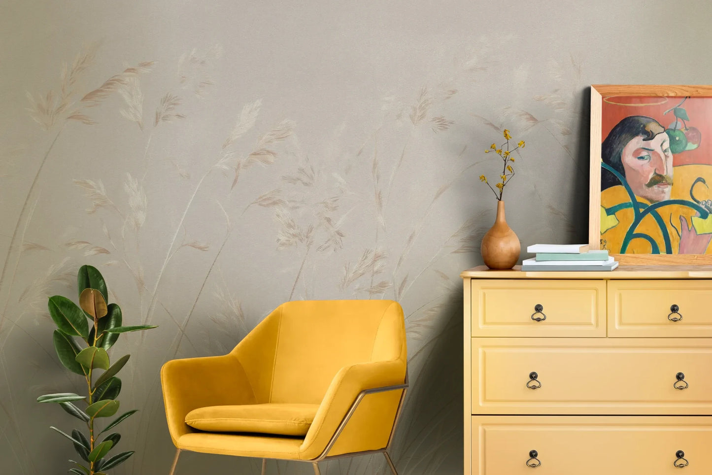 Wzór fototapety PLATINUM BREEZE - tapeta z delikatnymi źdźbłami traw w jasnych beżach pokazanej w aranżacji salonu.