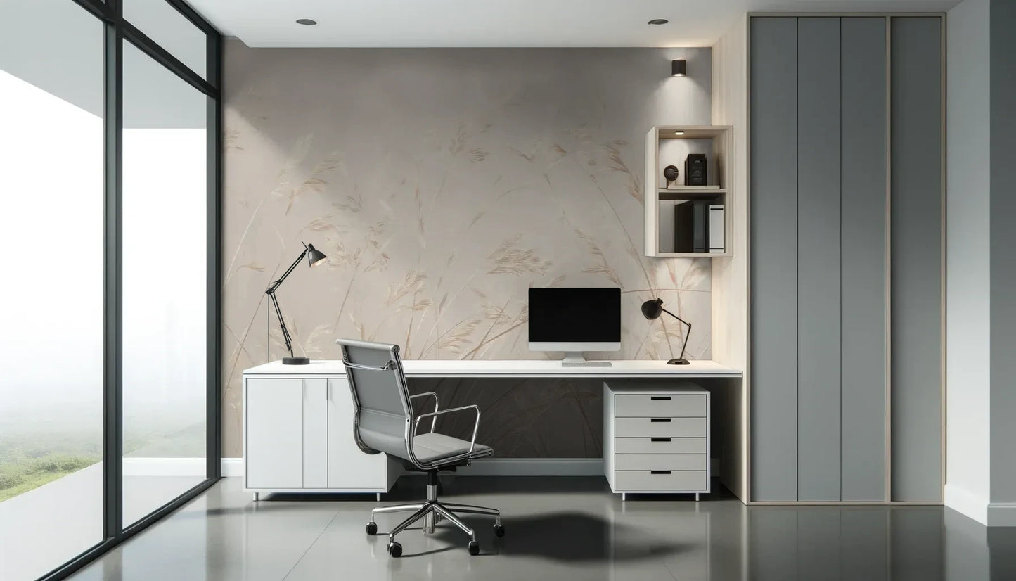 Fototapeta PLATINUM BREEZE - tapeta z delikatnymi źdźbłami traw w jasnych beżach pokazana w aranżacji biura.