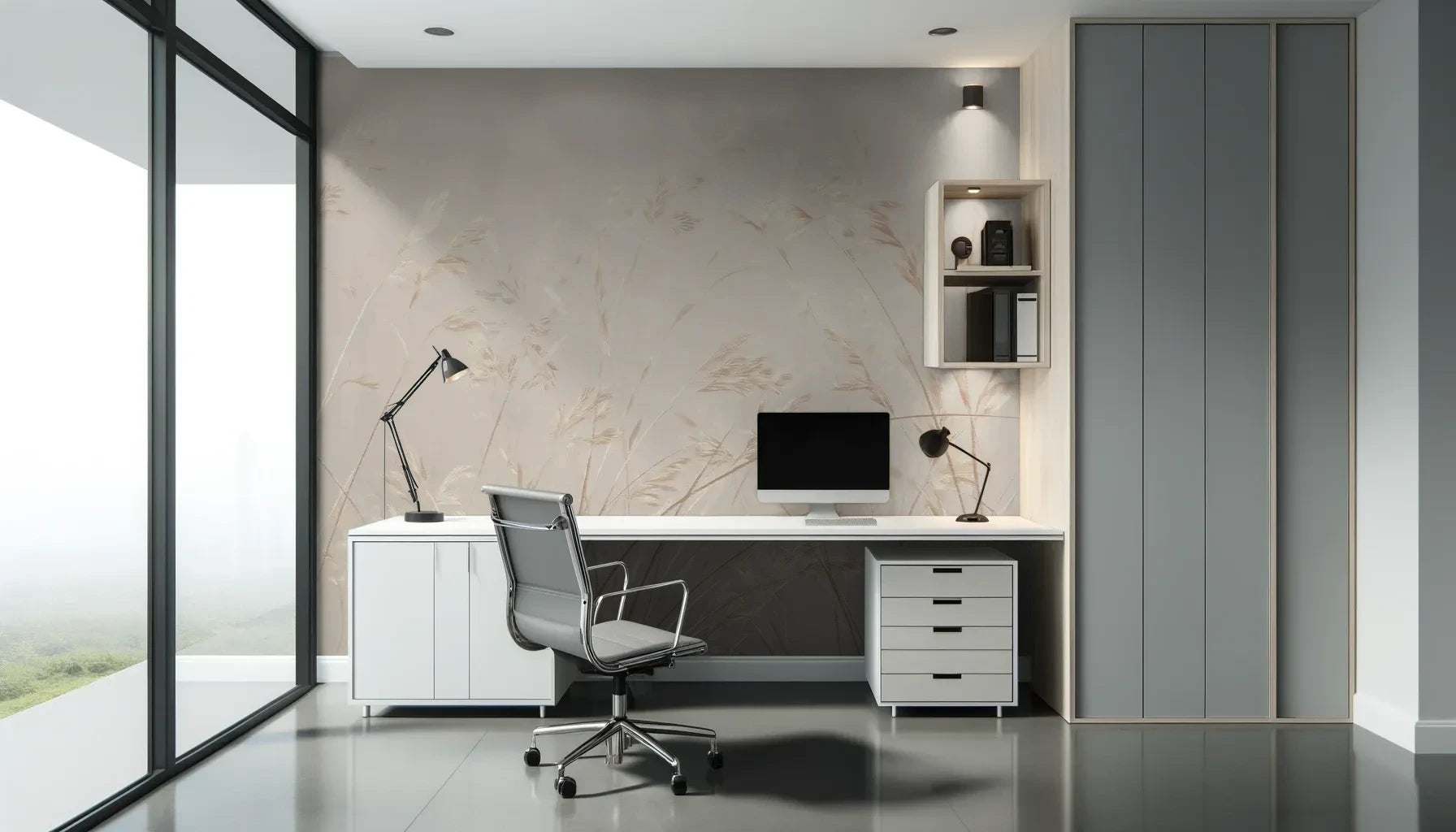 Fototapeta PLATINUM BREEZE - tapeta z delikatnymi źdźbłami traw w jasnych beżach pokazana w aranżacji biura.