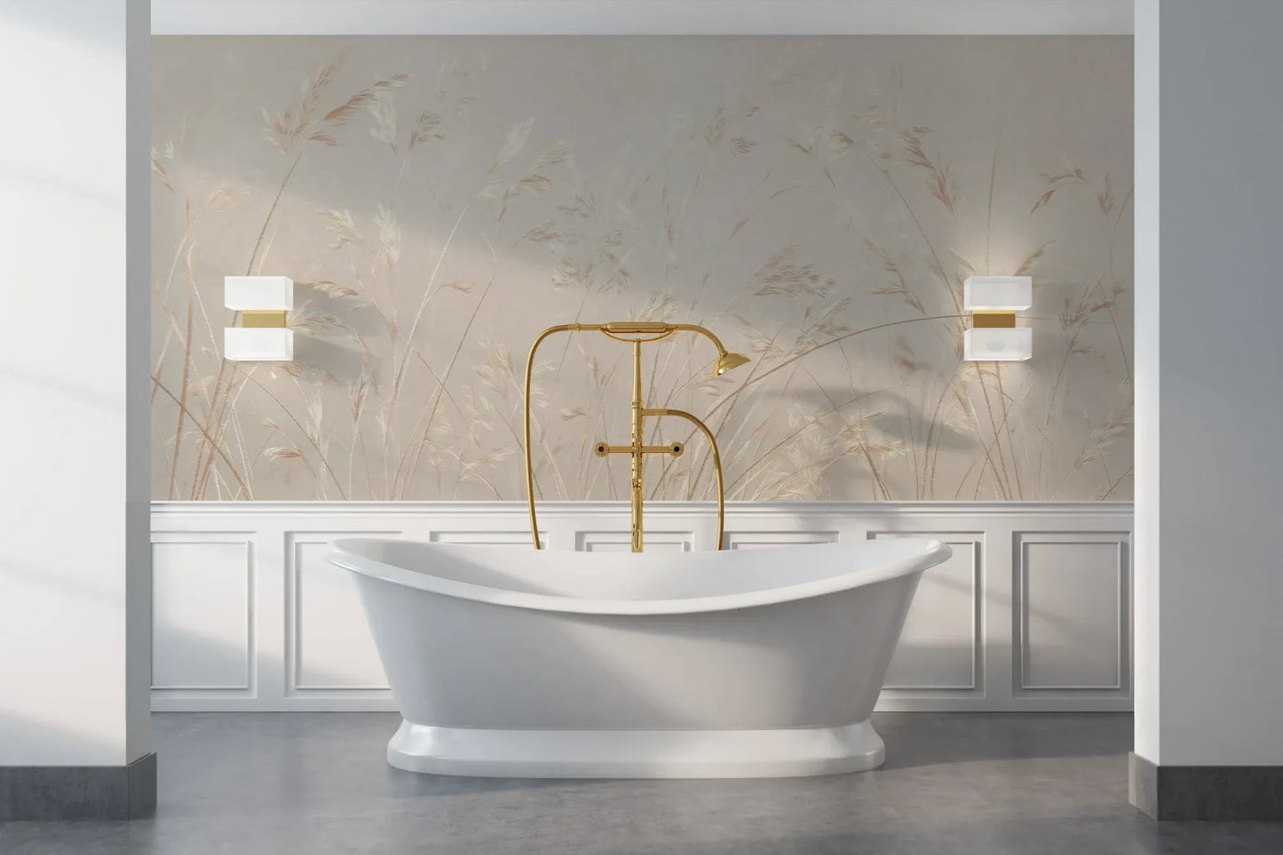 Wzór fototapety PLATINUM BREEZE - tapeta z delikatnymi źdźbłami traw w jasnych beżach pokazanej w aranżacji łazienki.