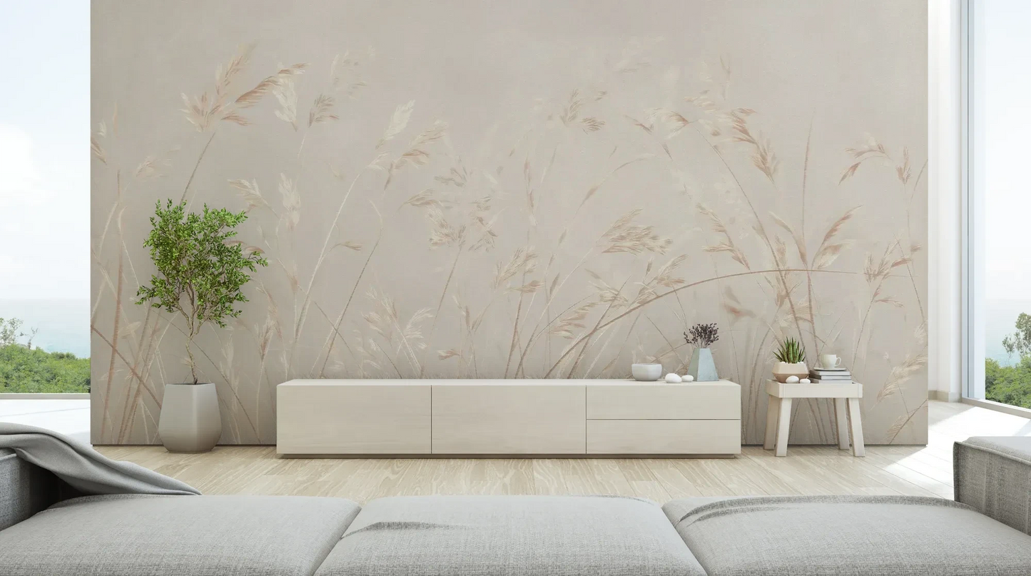 Wzór fototapety PLATINUM BREEZE - tapeta z delikatnymi źdźbłami traw w jasnych beżach pokazanej w aranżacji salonu.