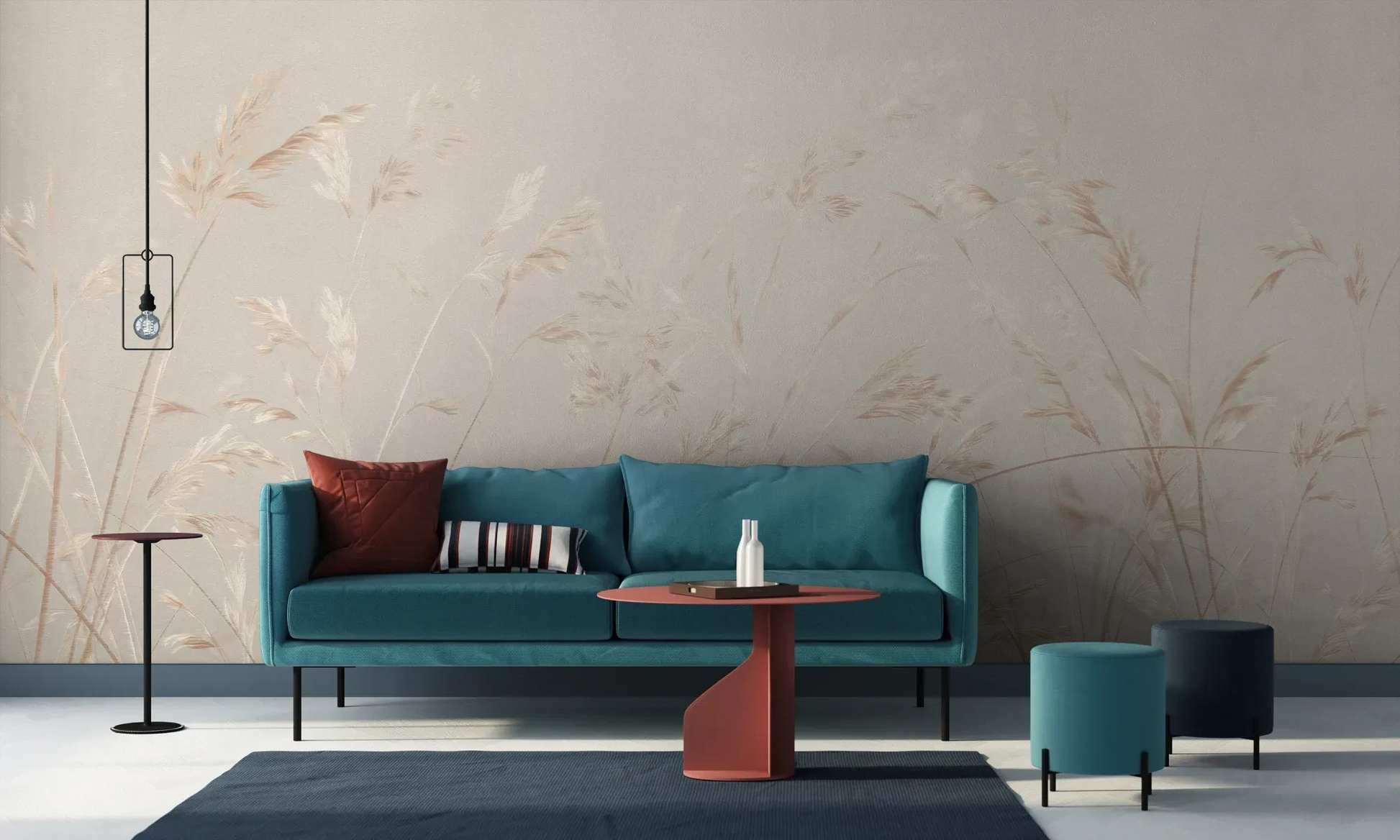 Wzór fototapety PLATINUM BREEZE - tapeta z delikatnymi źdźbłami traw w jasnych beżach pokazanej w aranżacji salonu.
