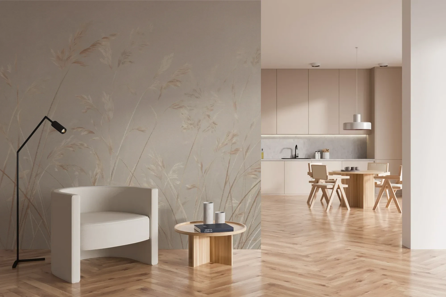 Wzór fototapety PLATINUM BREEZE - tapeta z delikatnymi źdźbłami traw w jasnych beżach pokazanej w aranżacji kuchni.