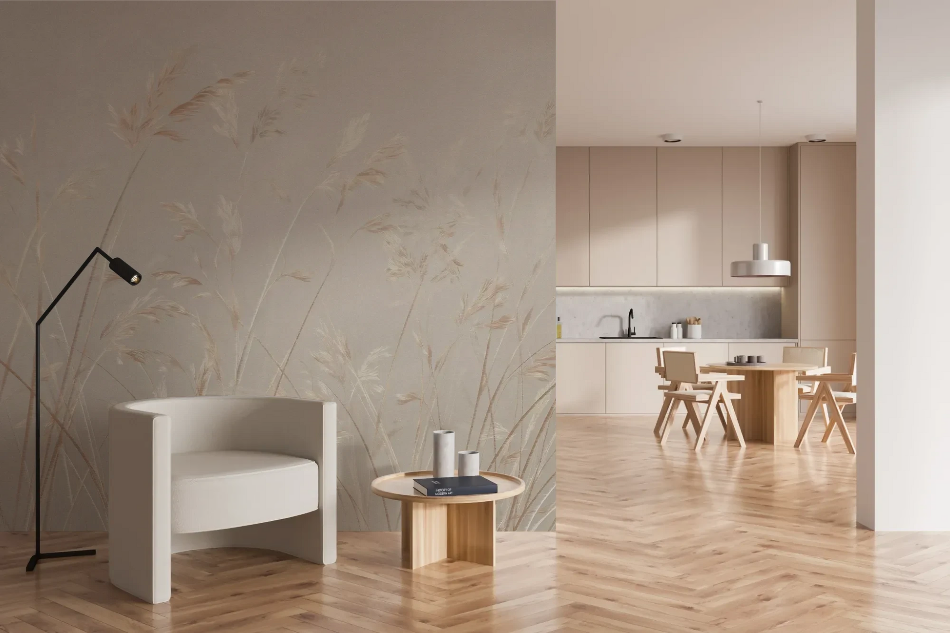 Wzór fototapety PLATINUM BREEZE - tapeta z delikatnymi źdźbłami traw w jasnych beżach pokazanej w aranżacji kuchni.
