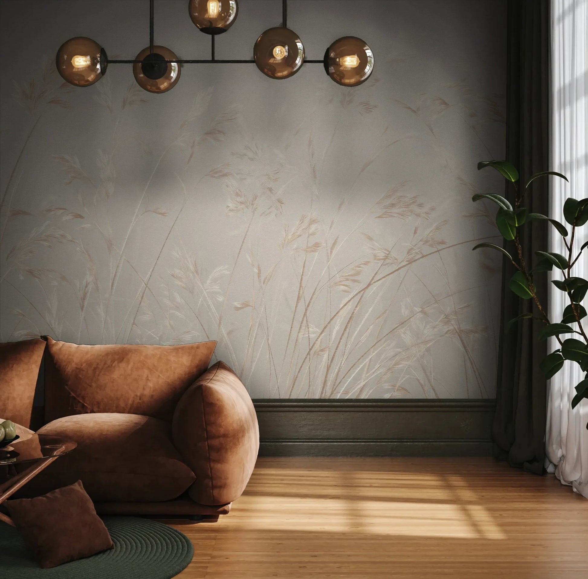 Fototapeta PLATINUM BREEZE - tapeta z delikatnymi źdźbłami traw w jasnych beżach pokazana w aranżacji wnętrza z akcentem na ścianie.