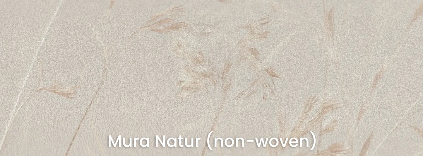 Zbliżenie na fototapetę PLATINUM BREEZE - tapeta z delikatnymi źdźbłami traw w jasnych beżach na naturalnym podłożu ekologicznym.